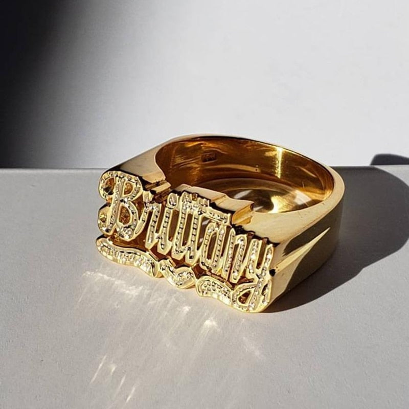 14k Gold Plated Custom Name Ring with Design – Luna Custom Jewelry
